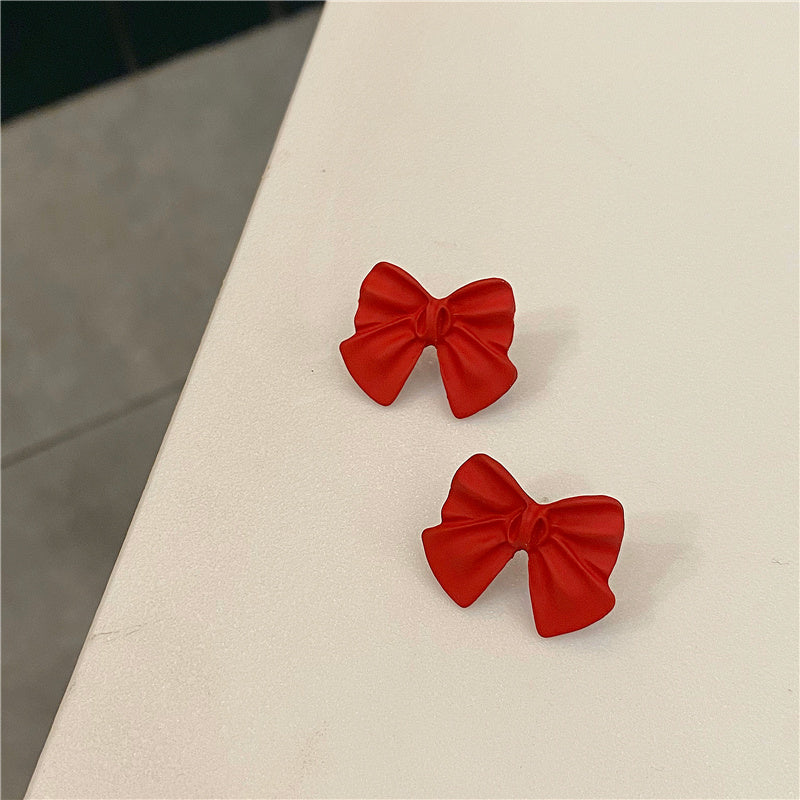 Red Bow Stud Earrings Frosted Cute