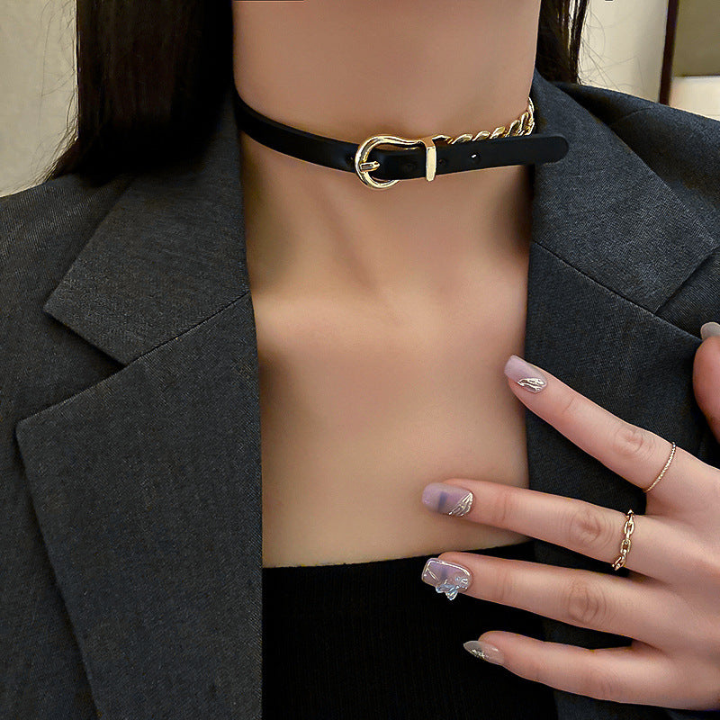 Golden Chain Choker Necklaces for Women, Leather Button Necklaces Statement Jewelry
