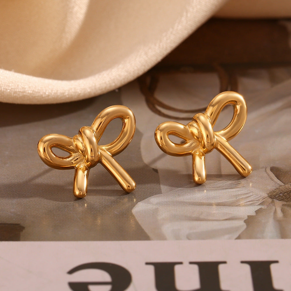 Stainless Steel 18K Gold Plating Cast Glossy Bow Stud Earrings