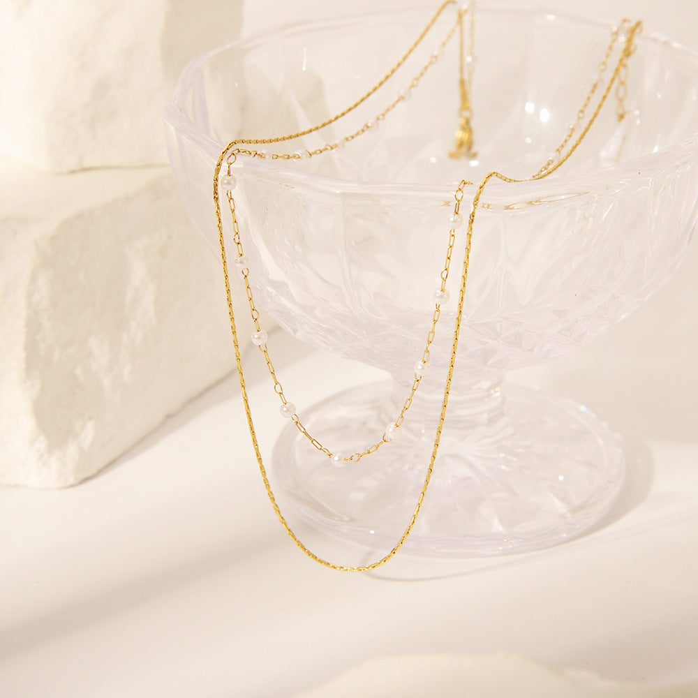 Retro Style Stainless Steel Double-layer Pearl Necklace