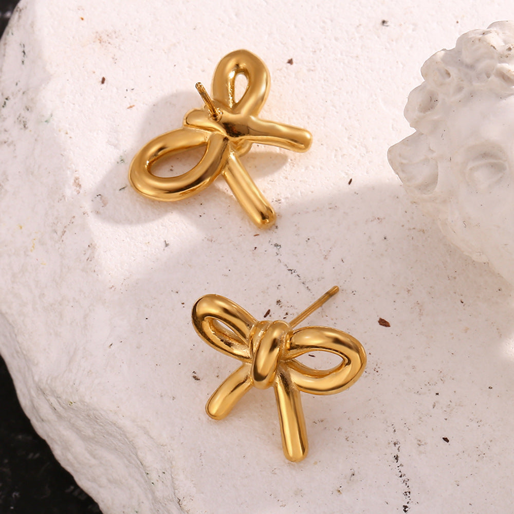 Stainless Steel 18K Gold Plating Cast Glossy Bow Stud Earrings