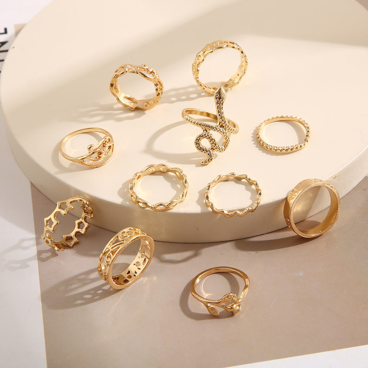 Geometric Creative Simple Temperament Women's Ring Snake Rose Hollow Flower 11-piece Set