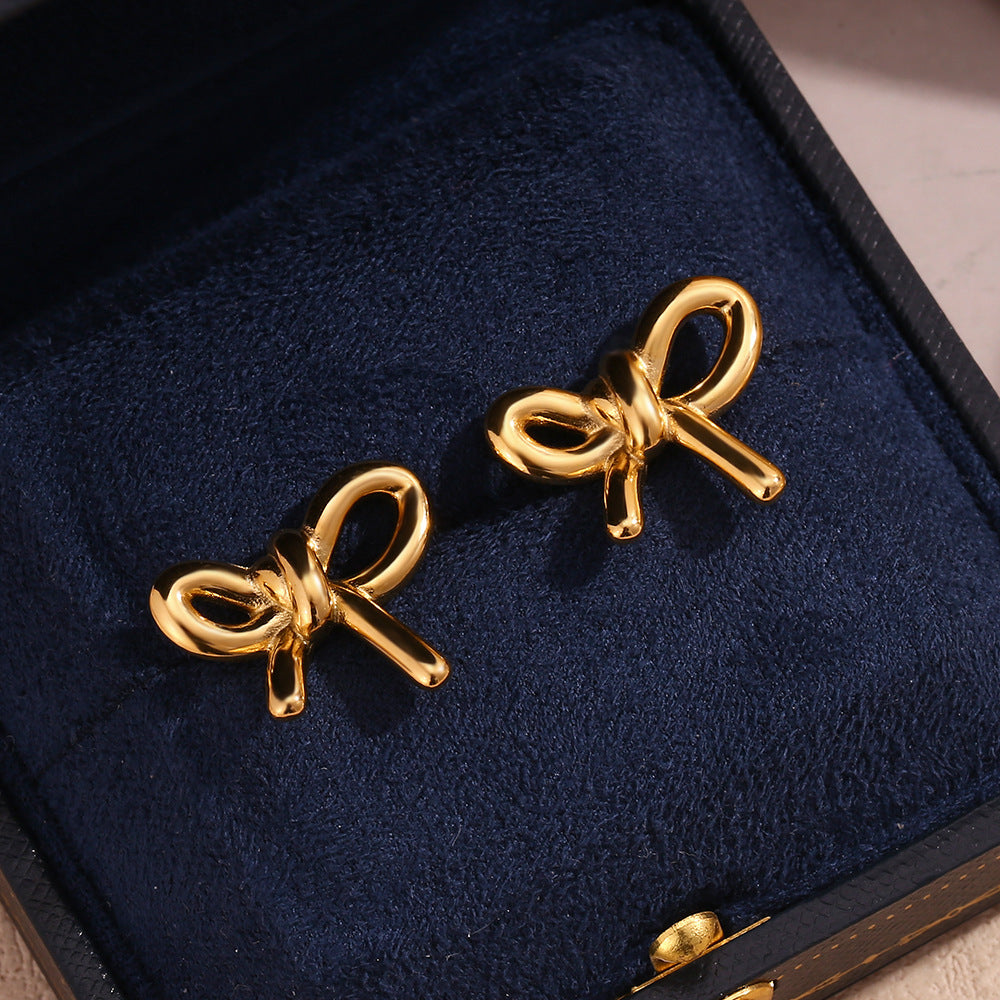 Stainless Steel 18K Gold Plating Cast Glossy Bow Stud Earrings