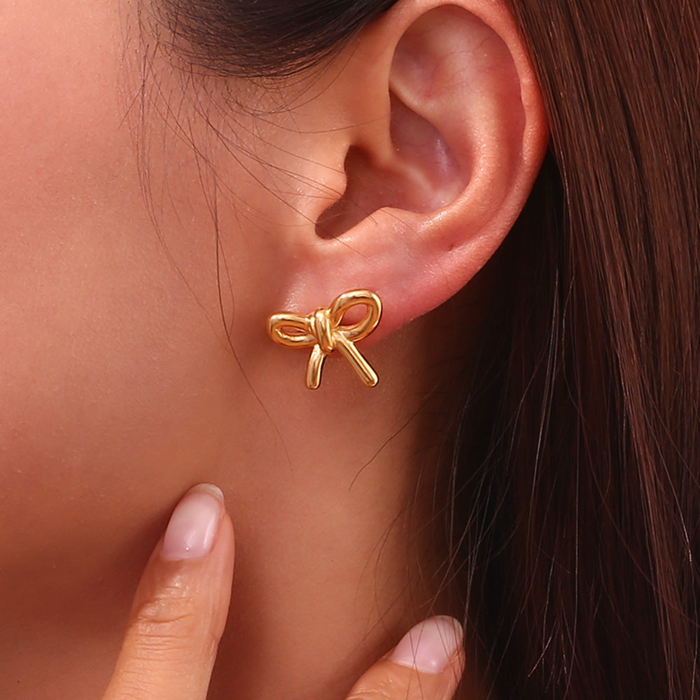 Stainless Steel 18K Gold Plating Cast Glossy Bow Stud Earrings