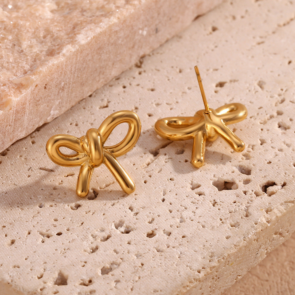 Stainless Steel 18K Gold Plating Cast Glossy Bow Stud Earrings