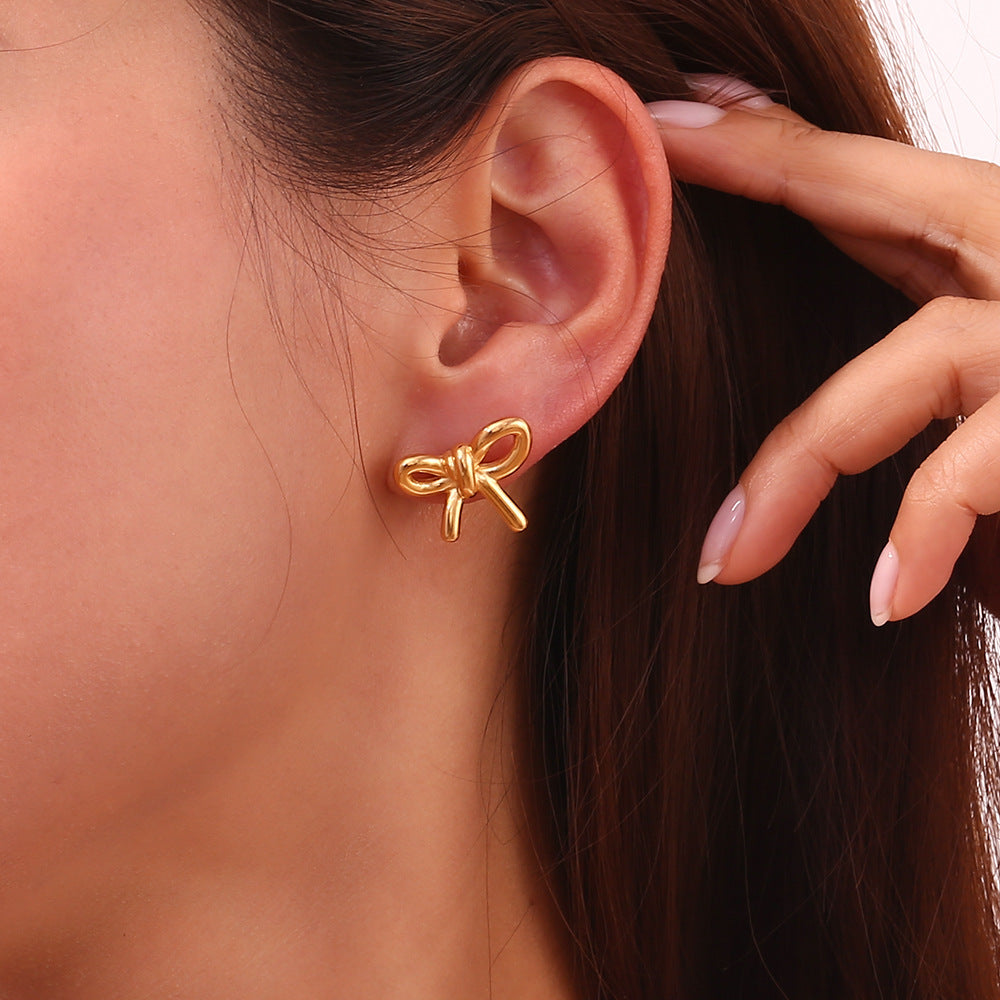 Stainless Steel 18K Gold Plating Cast Glossy Bow Stud Earrings