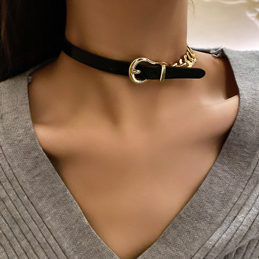 Golden Chain Choker Necklaces for Women,  Leather Button Necklaces Statement Jewelry