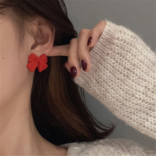 Red Bow Stud Earrings Frosted Cute